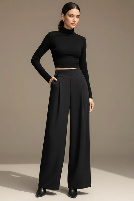 Pantalon Fluide Noir Ample Taille Haute Femme - Viscose - vue 3