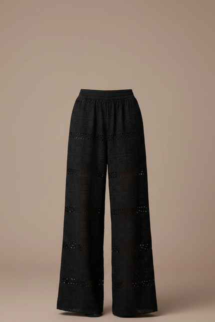Pantalon Fluide Noir Brodé Ample Dentelle Bohème - Coton - vue 3