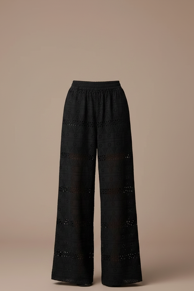 Pantalon Fluide Noir Brodé Ample Dentelle Bohème - Coton - vue 3