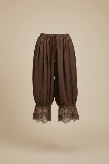 Pantalon Fluide Marron Ample Dentelle Coton Bohème - Lin - vue 3