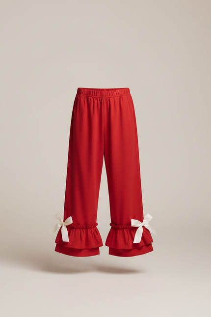 Pantalon Fluide Rouge Ample Volants Nœuds Enfant - Viscose - vue 3