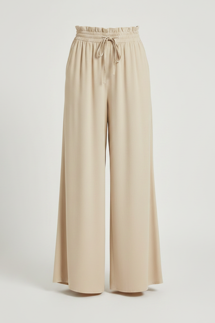 Pantalon Fluide Beige Large Taille Haute Cordon Décontracté - Viscose - vue 3