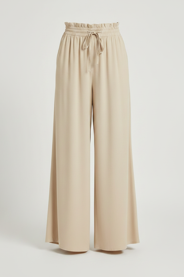 Pantalon Fluide Beige Large Taille Haute Cordon Décontracté - Viscose - vue 3