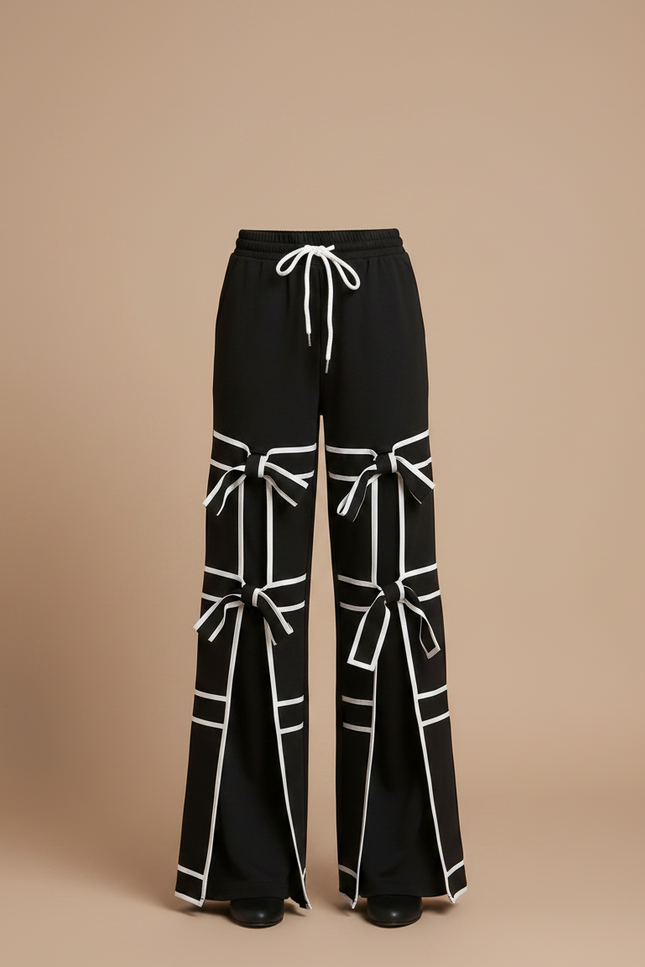 Pantalon Fluide Noir Fendu Nœuds Blanches Ample - Molleton - vue 3