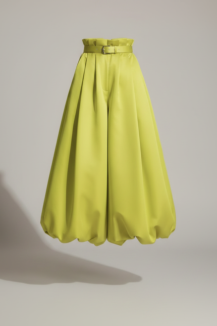 Pantalon Fluide Vert Citron Ample Plissé Ceinturé - Satin - vue 3