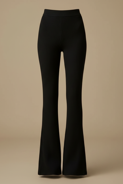 Pantalon Fluide Noir Côtelé Évasé Taille Haute Élégant - Maille - vue 3