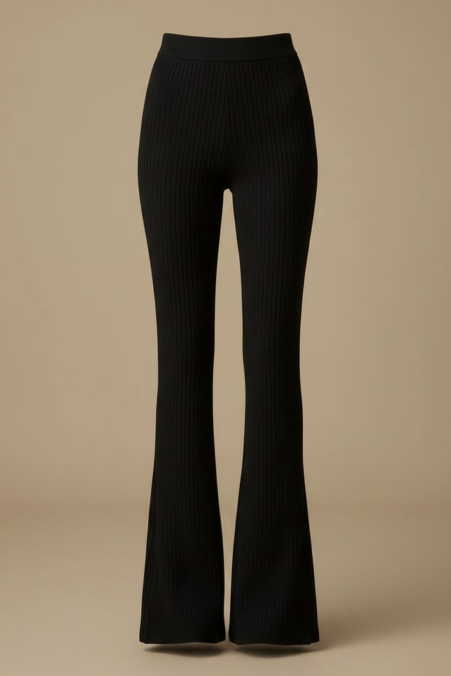 Pantalon Fluide Noir Côtelé Évasé Taille Haute Élégant - Maille - vue 3