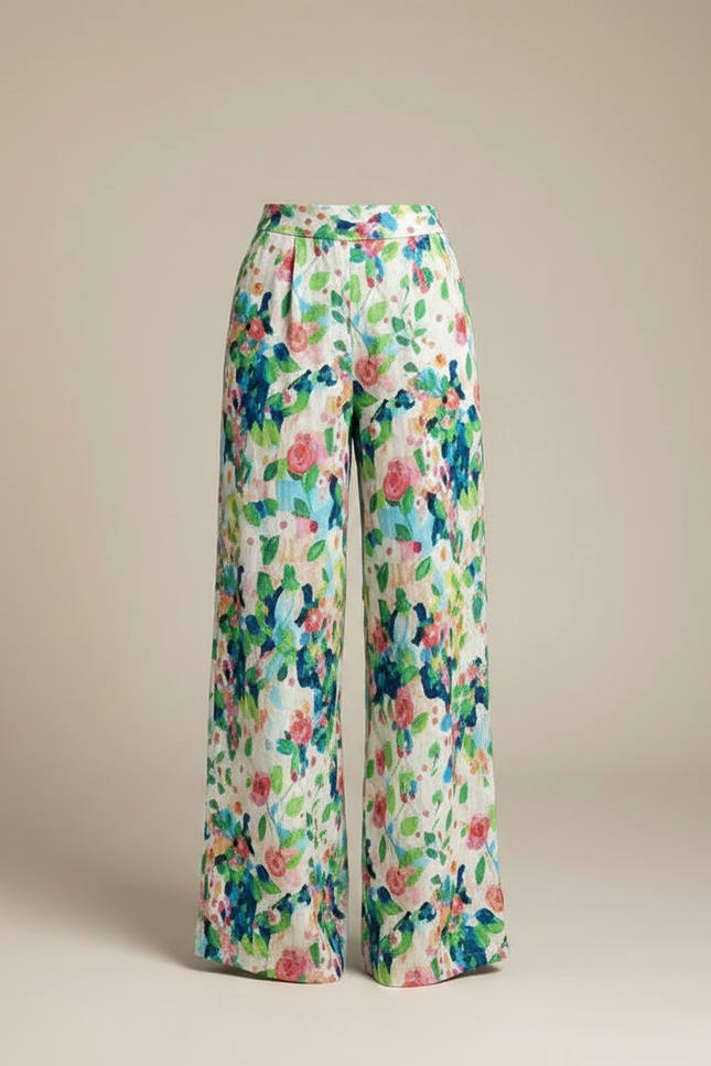 Pantalon Fluide Imprimé Floral Ample Multicolore Estival - Lin - vue 3