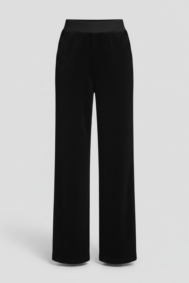 Pantalon Fluide Noir Velours Côtelé Taille Haute Ample - Cordé - vue 3