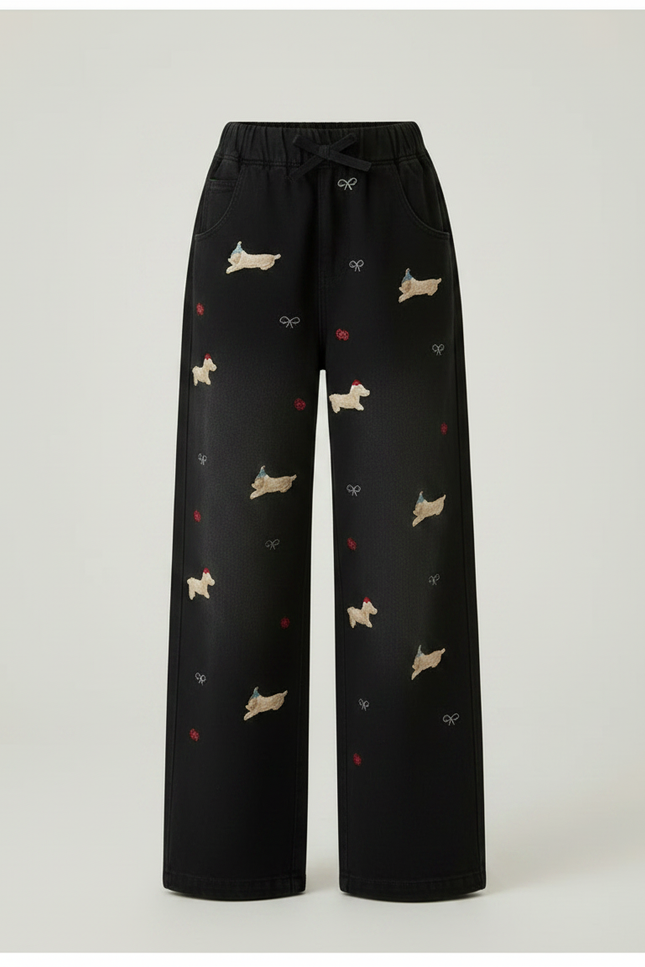 Pantalon Fluide Noir Brodé Chien Ample Fille - Jean - vue 3