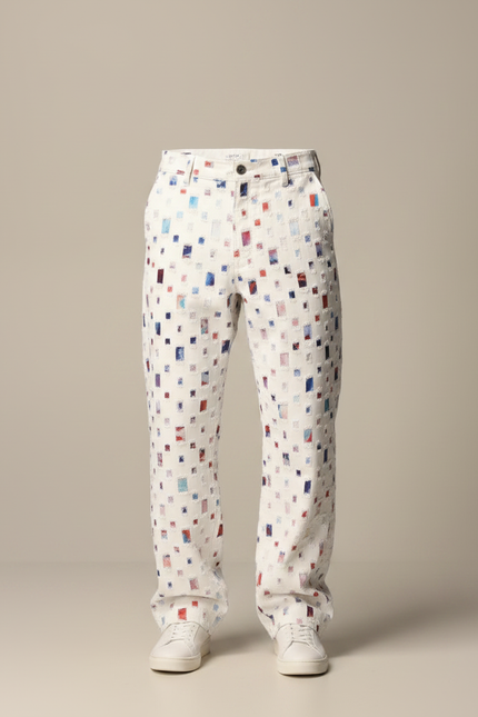 Pantalon Fluide Blanc Ample Imprimé Carrés Décontracté Homme - Toile - vue 3