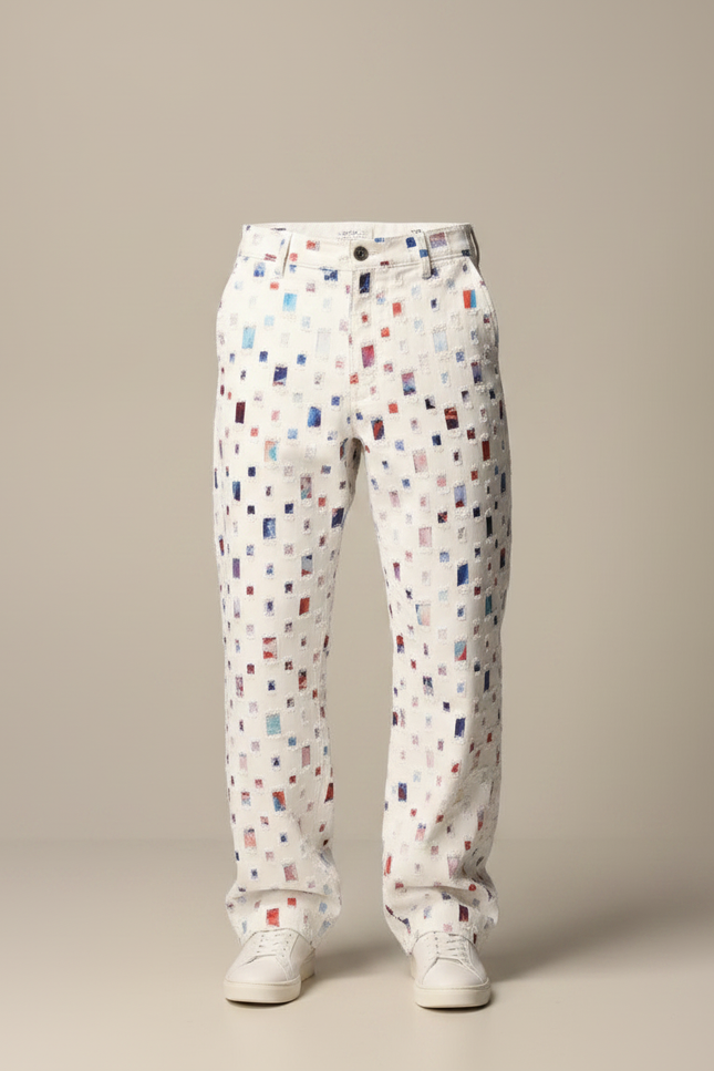Pantalon Fluide Blanc Ample Imprimé Carrés Décontracté Homme - Toile - vue 3