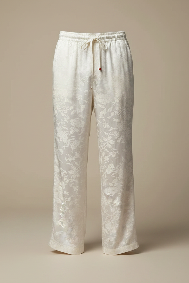 Pantalon Fluide Blanc Ample Jacquard Satiné Homme Élégant - vue 3
