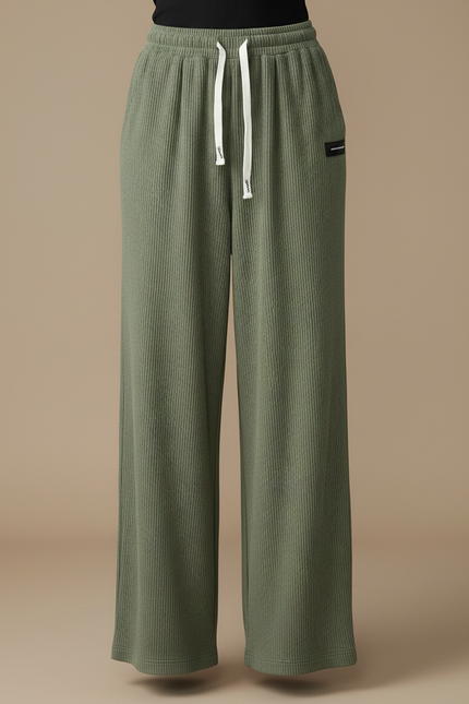 Pantalon Fluide Vert Côtelé Ample Confortable Décontracté - Maille - vue 3