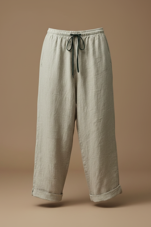 Pantalon Fluide Lin Beige Ample Cordon Homme - vue 3