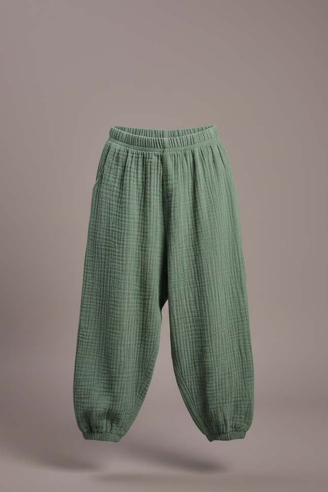 Pantalon Fluide Vert Ample Coton Gaze Garçon - vue 3