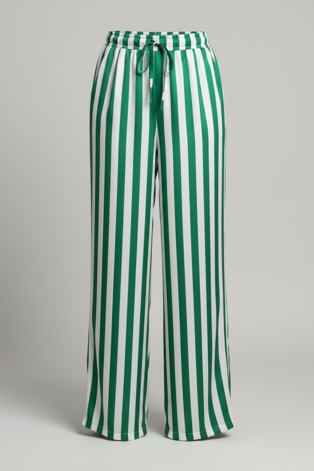 Pantalon Fluide Vert Rayé Ample Cordon Décontracté - Satin - vue 3