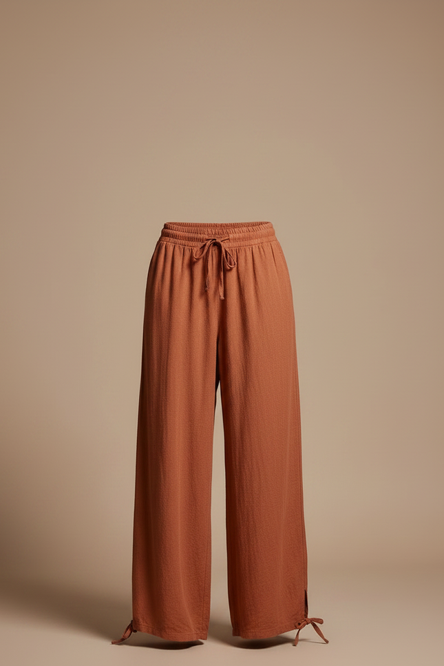 Pantalon Fluide Marron Ample Coton Lin Cordon - vue 3