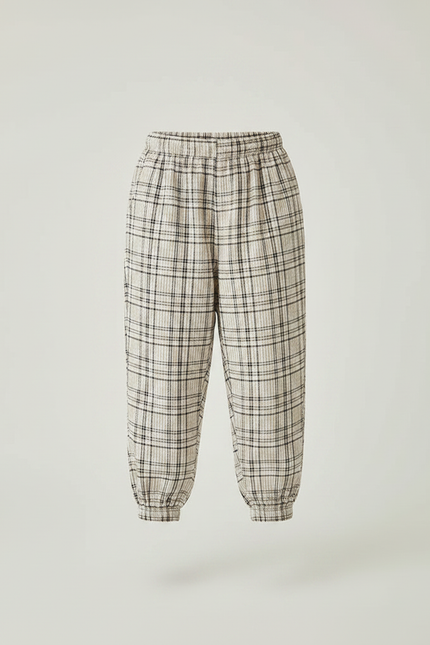 Pantalon Fluide Écru Plaid Ample Décontracté Enfant - Beige Lin - vue 3
