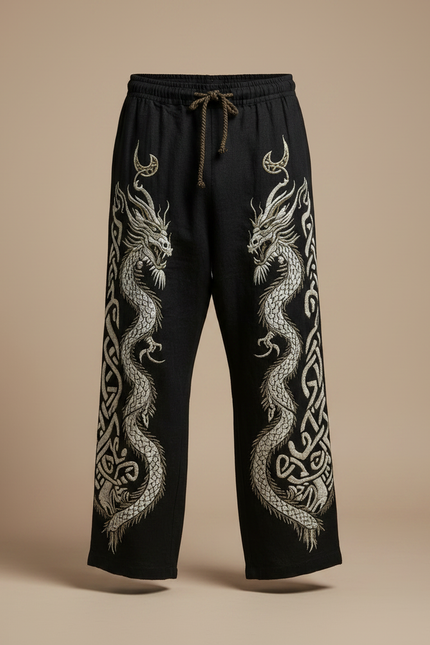 Pantalon Fluide Noir Brodé Dragon Cordon Ample Homme - Lin - vue 3