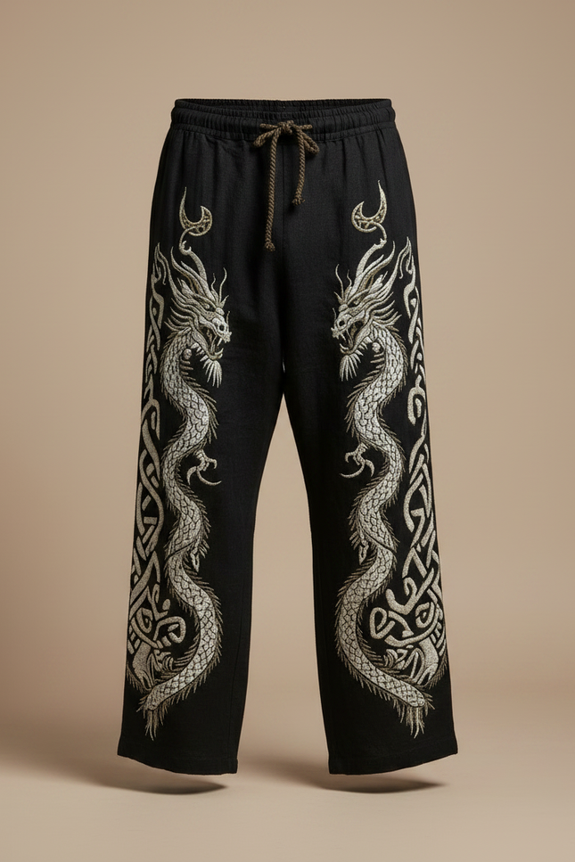 Pantalon Fluide Noir Brodé Dragon Cordon Ample Homme - Lin - vue 3