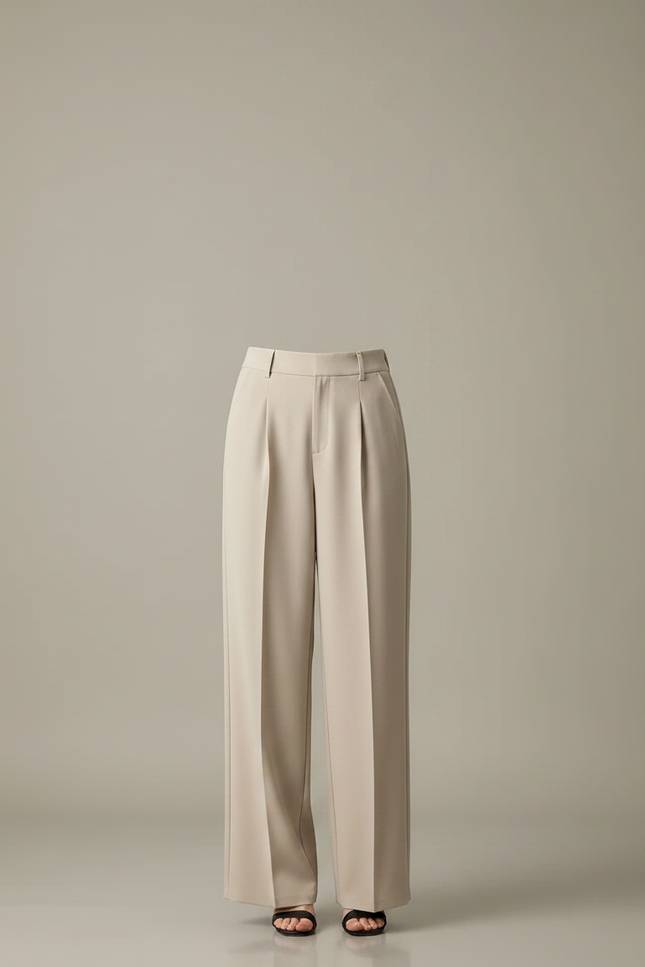 Pantalon Fluide Écru Taille Haute Ample Habillé - Beige Polyester - vue 3