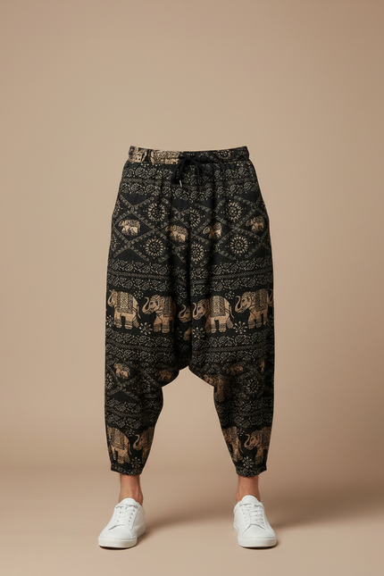 Pantalon Fluide Noir Ample Imprimé Éléphants Harem Coton - vue 3