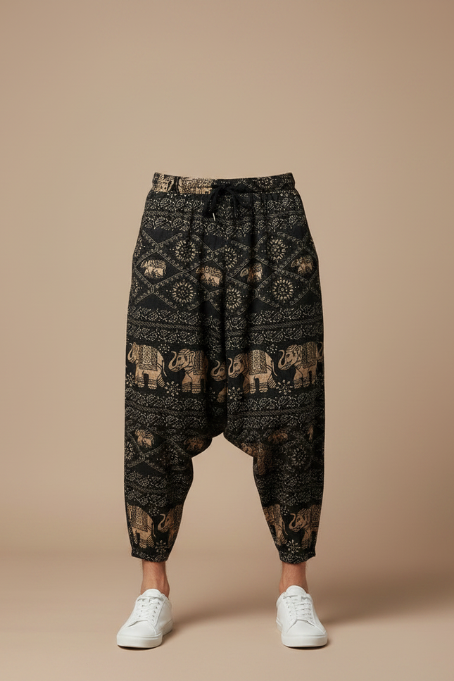 Pantalon Fluide Noir Ample Imprimé Éléphants Harem Coton - vue 3