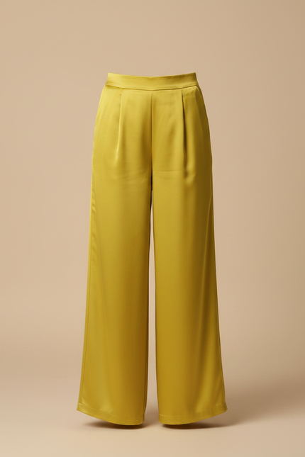 Pantalon Fluide Jaune Satiné Ample Plissé Élégant - vue 3