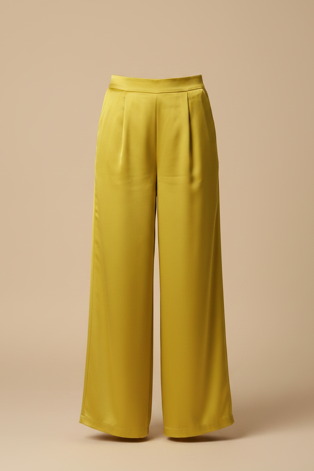 Pantalon Fluide Jaune Satiné Ample Plissé Élégant - vue 3