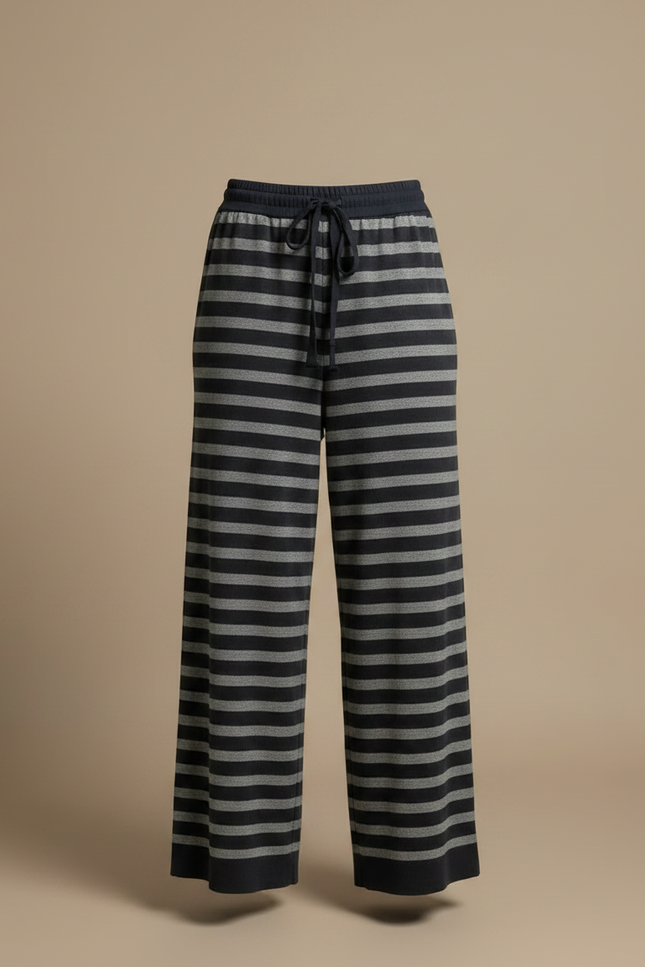 Pantalon Fluide Rayé Large Cordon Tricoté Décontracté - Gris Maille - vue 3