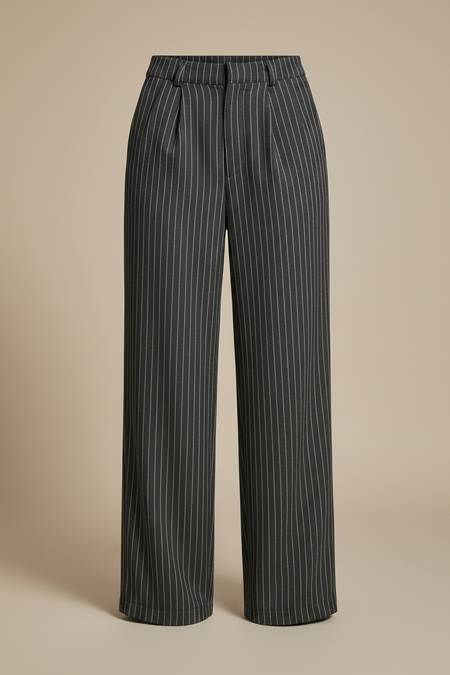 Pantalon Fluide Rayé Noir Ample Taille Haute - Polyester - vue 3