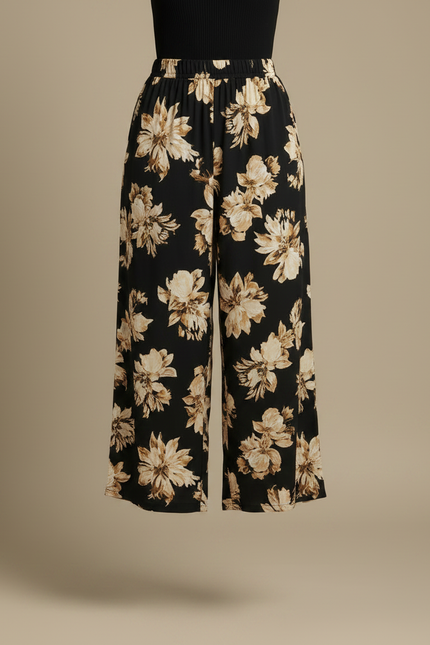 Pantalon Fluide Noir Fleuri Ample Décontracté Court - Imprimé Viscose - vue 3