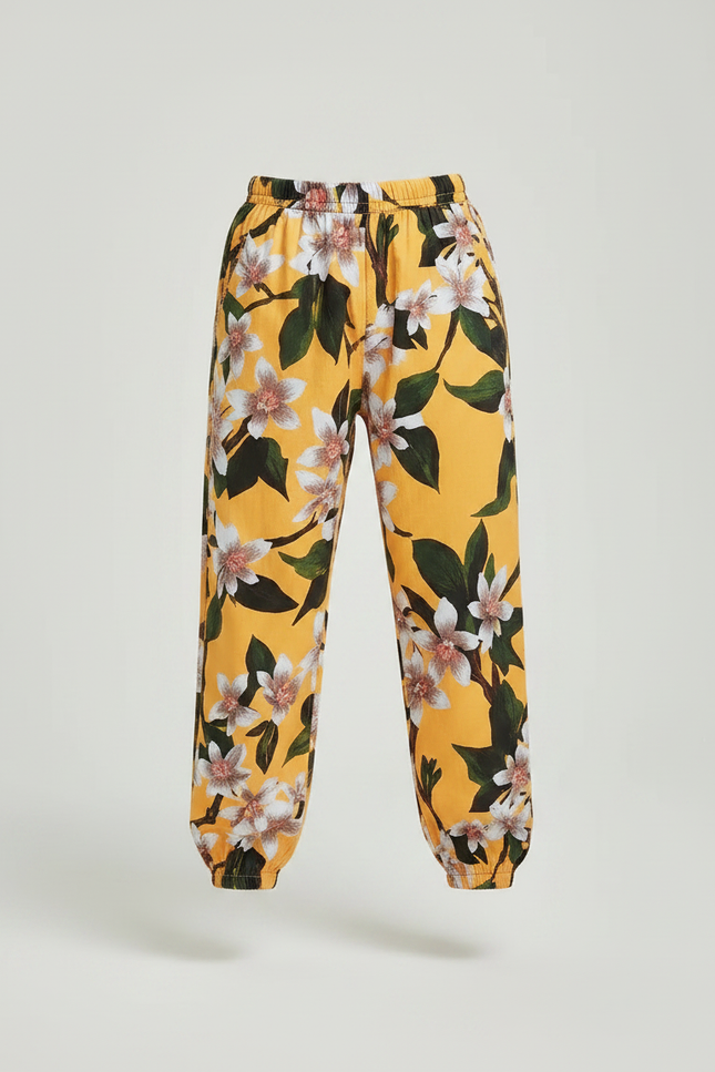 Pantalon Fluide Jaune Imprimé Floral Coton Léger Enfant - vue 3