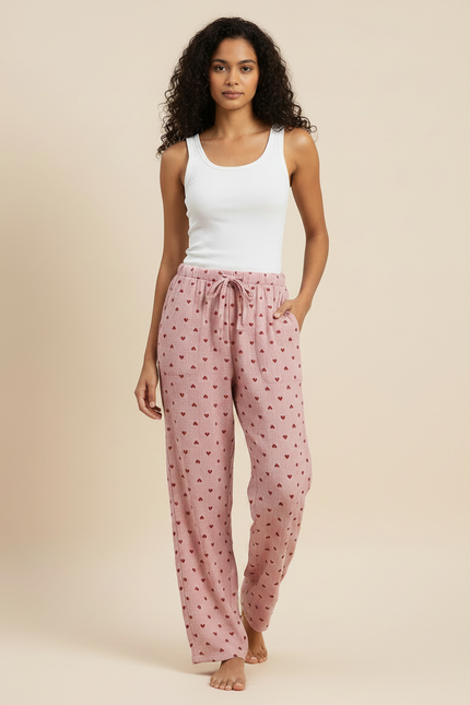 Pantalon Fluide Rose Coton Imprimé Cœurs Ample Femme - vue 3