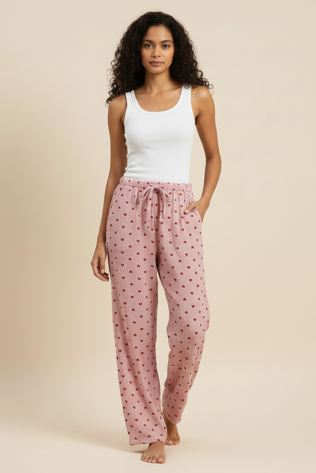 Pantalon Fluide Rose Coton Imprimé Cœurs Ample Femme - vue 3