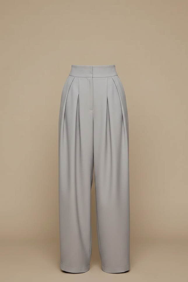Pantalon Fluide Gris Ample Plissé Taille Haute - Polyester - vue 3