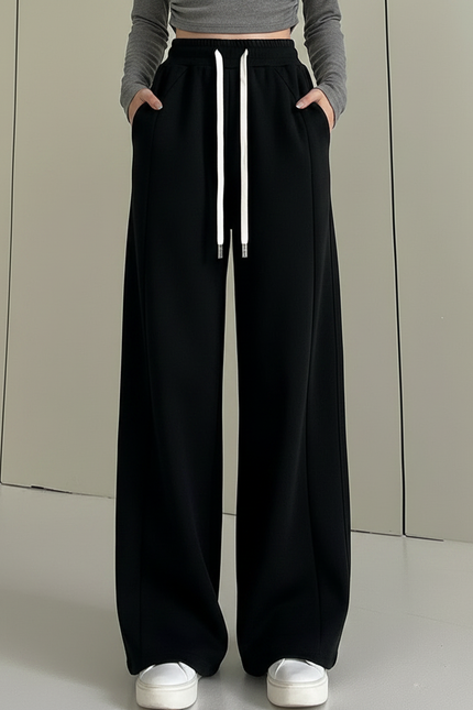 Pantalon Fluide Noir Ample Cordon Sport Molleton - vue 3