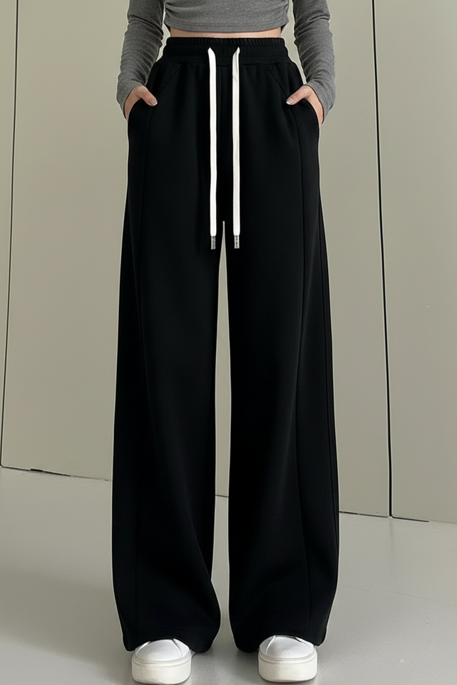 Pantalon Fluide Noir Ample Cordon Sport Molleton - vue 3