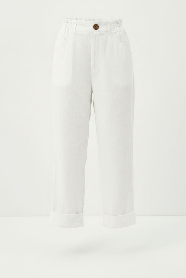 Pantalon Fluide Blanc Coton Lin Taille Haute Décontracté - vue 3