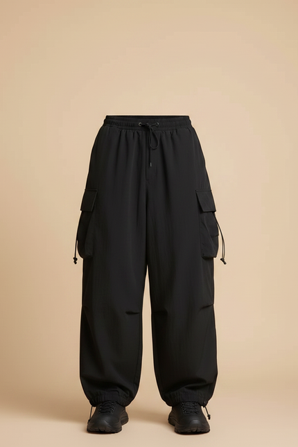 Pantalon Fluide Noir Ample Cargo Décontracté Homme - Polyester - vue 3