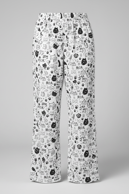Pantalon Fluide Blanc Ample Imprimé Chats Décontracté - Viscose - vue 3