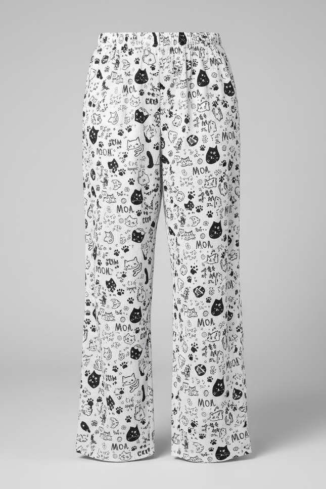 Pantalon Fluide Blanc Ample Imprimé Chats Décontracté - Viscose - vue 3