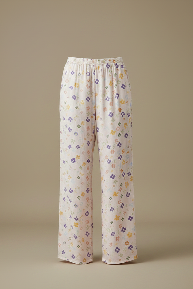 Pantalon Fluide Écru Imprimé Floral Ample Confortable - Lin - vue 3