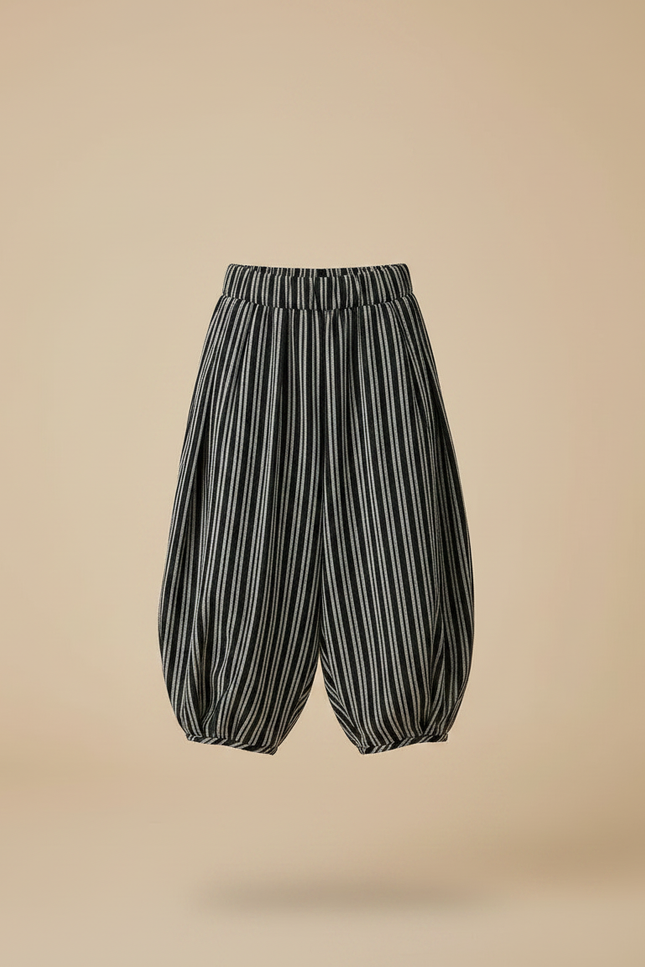 Pantalon Fluide Rayé Noir Ample Coton Décontracté - vue 3