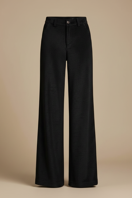 Pantalon Fluide Noir Côtelé Ample Taille Haute - Cordé - vue 3