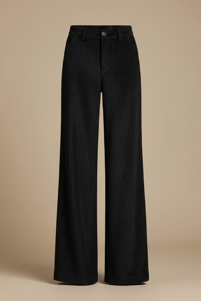 Pantalon Fluide Noir Côtelé Ample Taille Haute - Cordé - vue 3