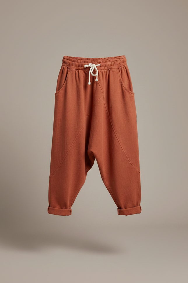 Pantalon Fluide Harem Coton Ample Confortable Terre Cuite - Orange - vue 3