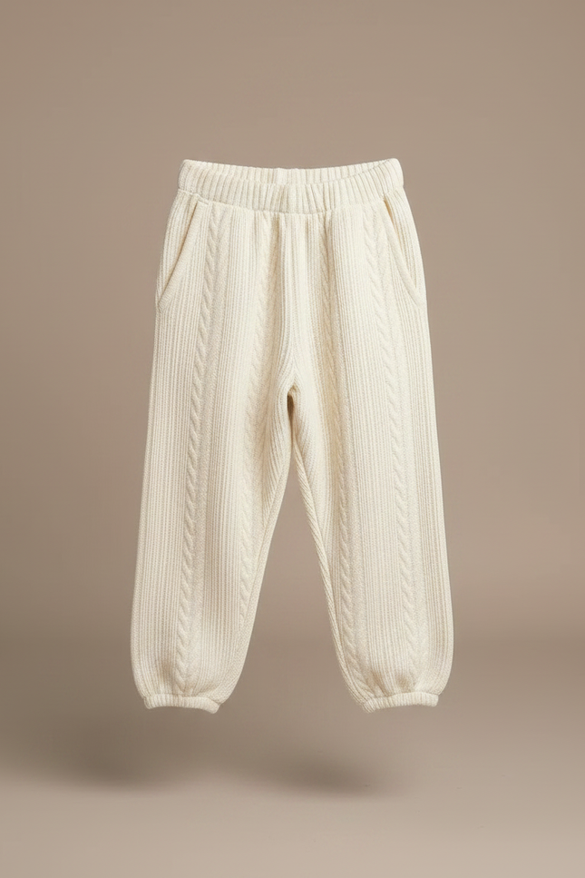 Pantalon Fluide Écru Tricoté Câblé Confortable Enfant - Beige Maille - vue 3