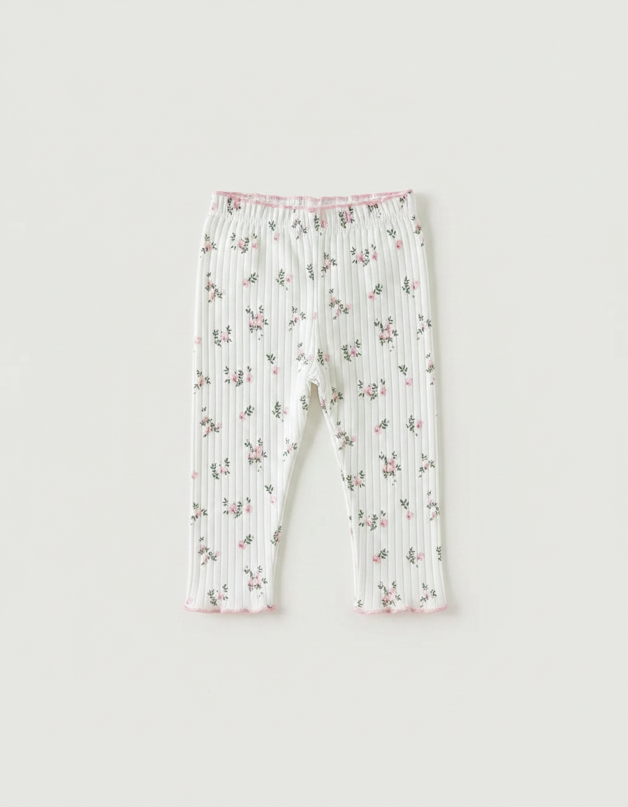Pantalon Fluide Blanc Côtelé Floral Rose Enfant - Maille - vue 2